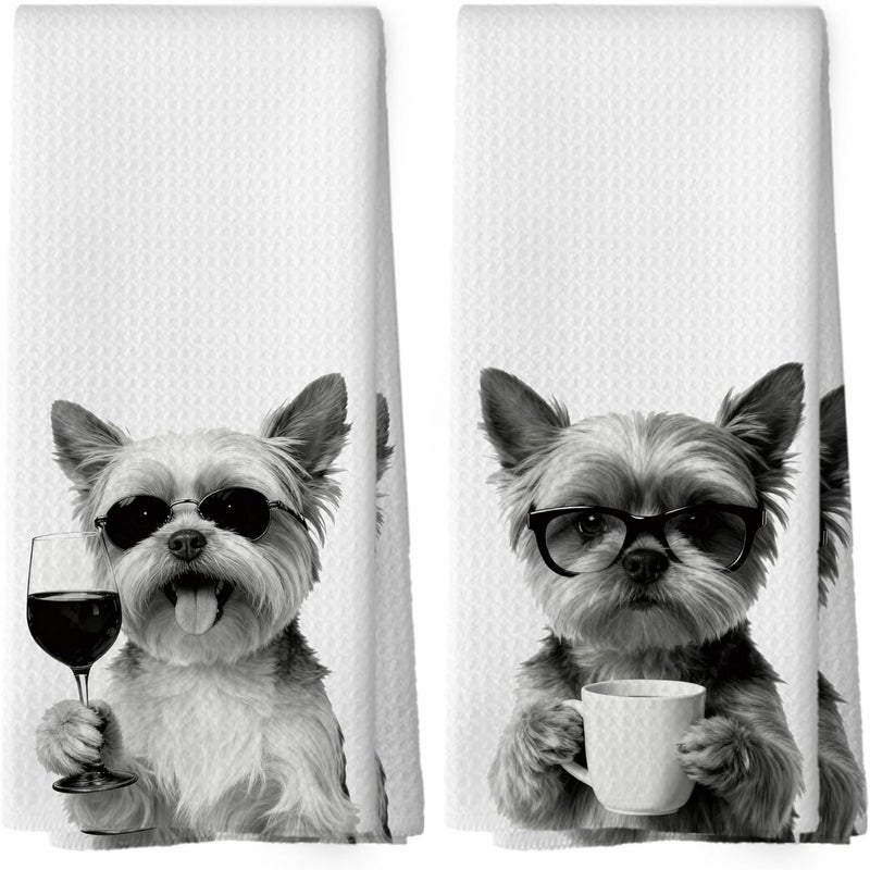 Mcehtle Funny Yorkshire Terrier Kitchen Towels Set of 2, Funny Dog Kitchen Accessories, Coffee Wine Station Decor, Chef Gift Hand Towel, Dining Room Decorative Tea Towel Dish Towels 16x24 Inch - Image 1